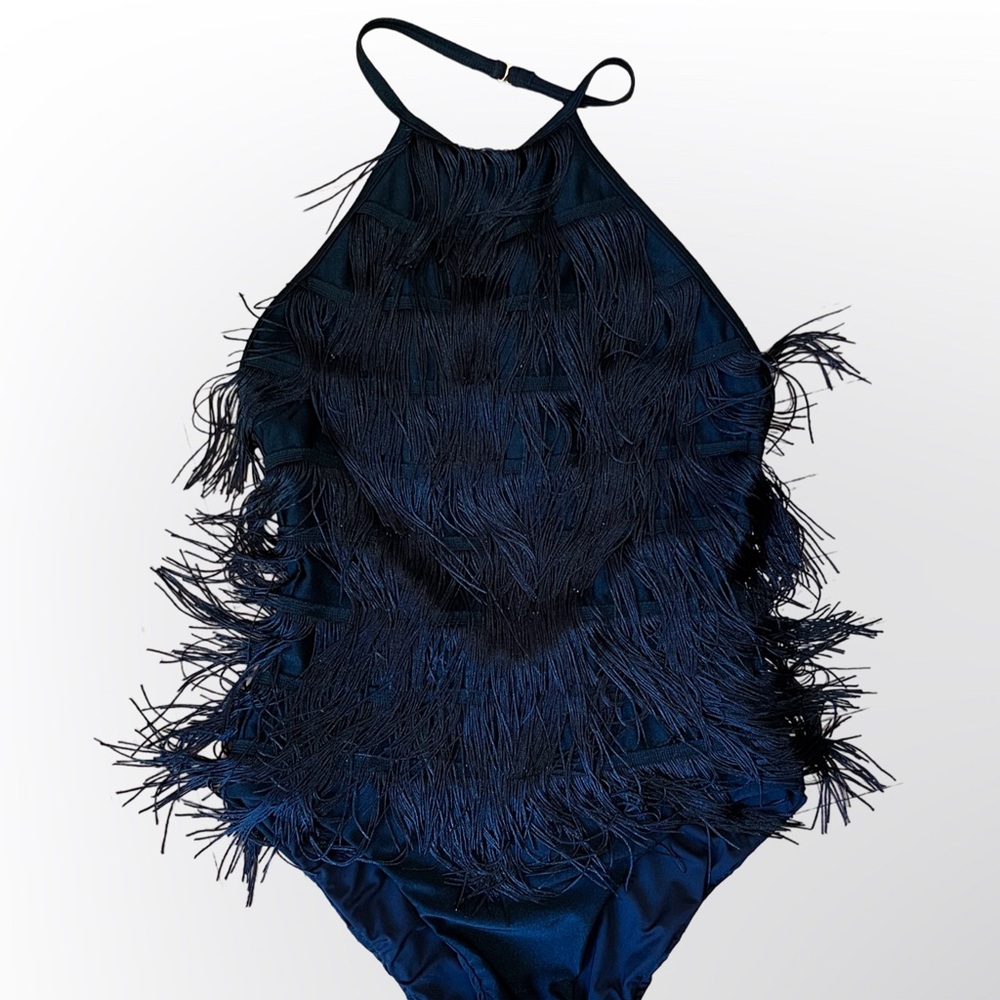 Black fringe halter one piece swimsuit